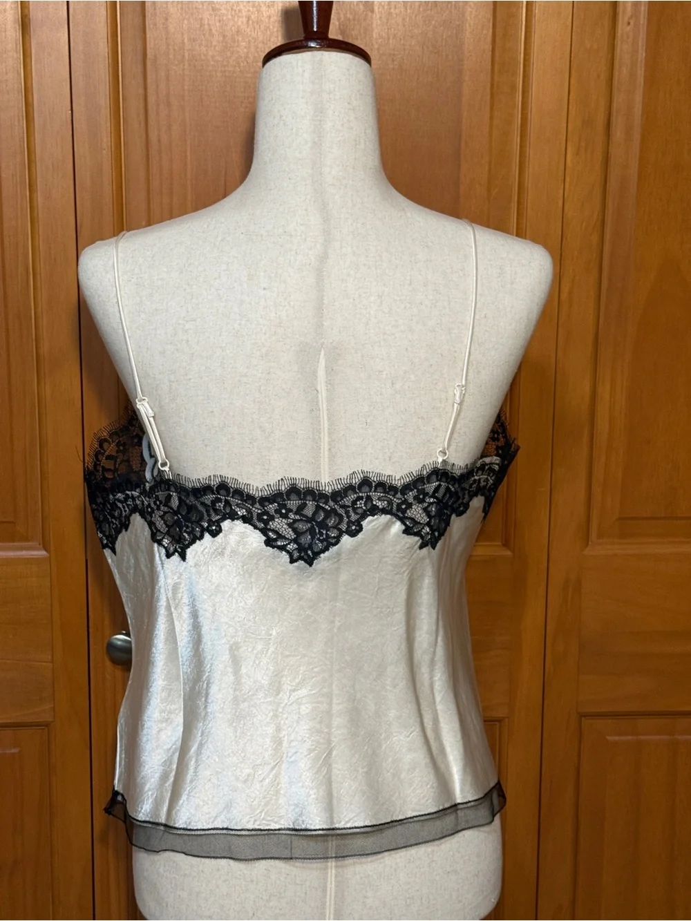 J. Crew Cream Textured Satin Cami with Black Lace Trim